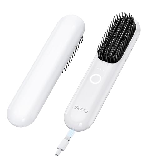 女性用ワイヤレスストレートブラシ＆アイロンコーム30秒高速ヒートアップ0ダメージケラチン配合ワイヤレス充電デュアルモーター＆4列櫛歯2億マイナスイオンやけど防止設計30分自動オフコンパクトで旅行に