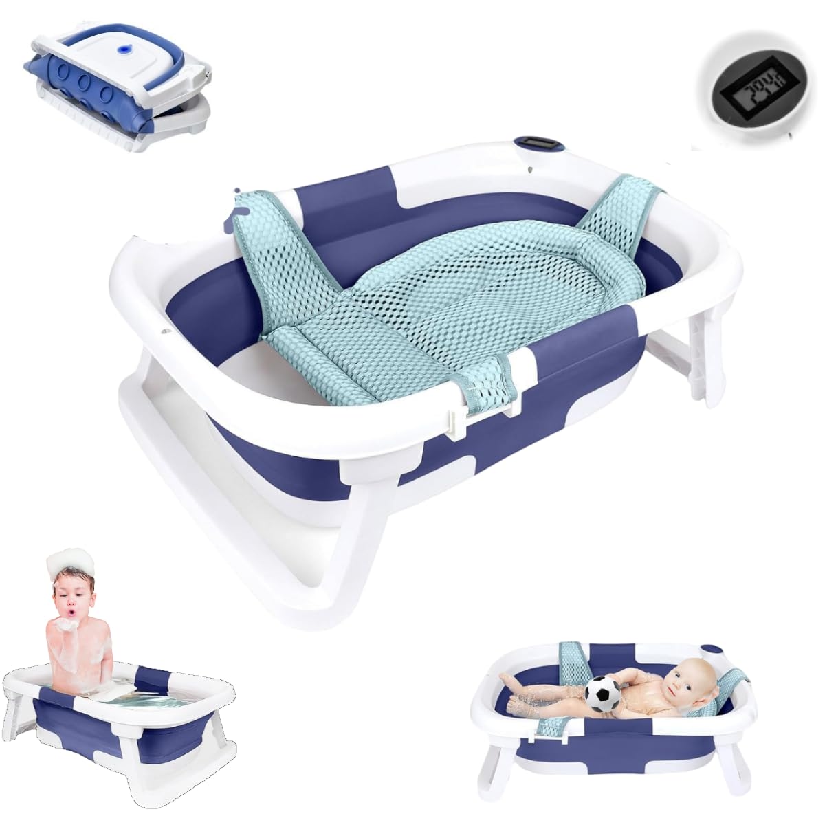 Little Bean ベビーバス 折りたたみ式 湯温計付き 赤ちゃん 子供用風呂 0～6歳 バスネット付き 収納容易 省スペース 赤ちゃんに優しいPP素材 滑り止め設計 お風呂 ベビー用浴槽 (ブル