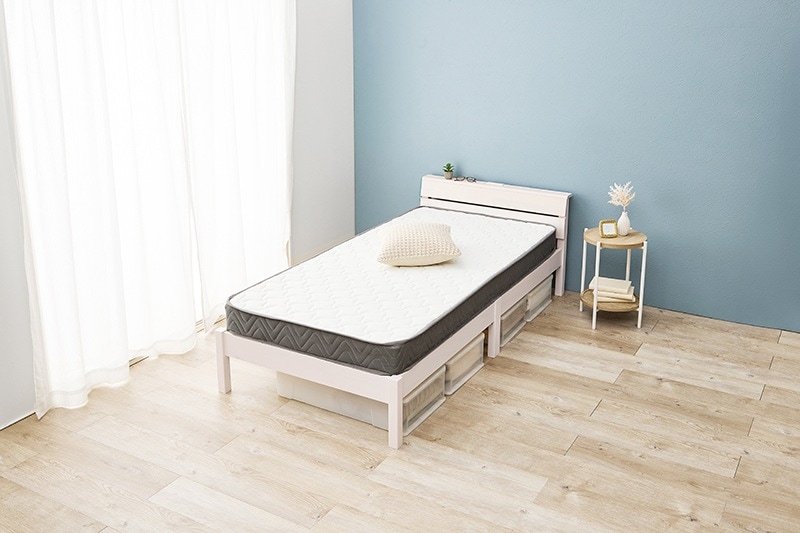 ベッド シングル ボンネルコイルマットレス付き 棚 スノコ 木製 コンセント ベット ネジなし工具不要 簡単組立