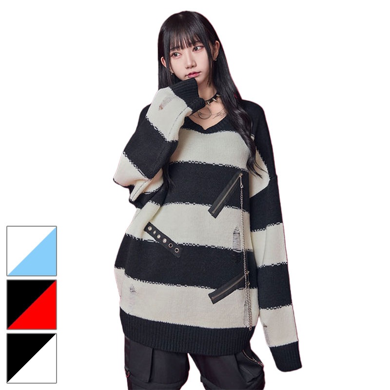 【MLサイズ/3カラー】ダメージボーダー クルーニット バルキーニット 原宿 病みかわ メンズ レディース ユニセックス 734800