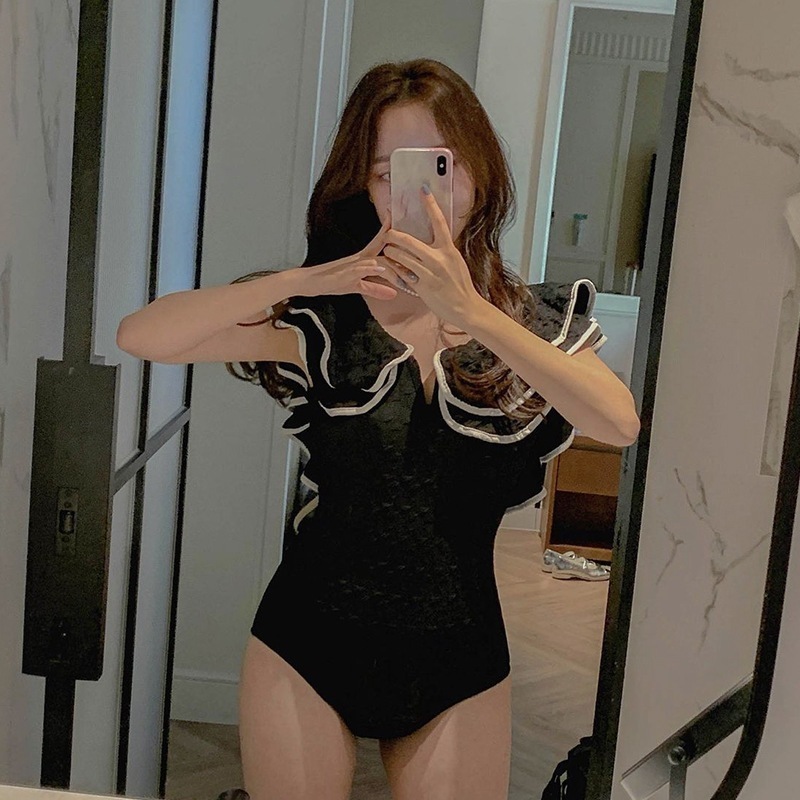 ワンピース水着 水着 ワンピース フリル バックオープン 大人可愛い 韓国 レディース ダブルフリル モノトーン スイムウェア ノンワイヤー パッド付き オルチャン かわいい 大人かわいい