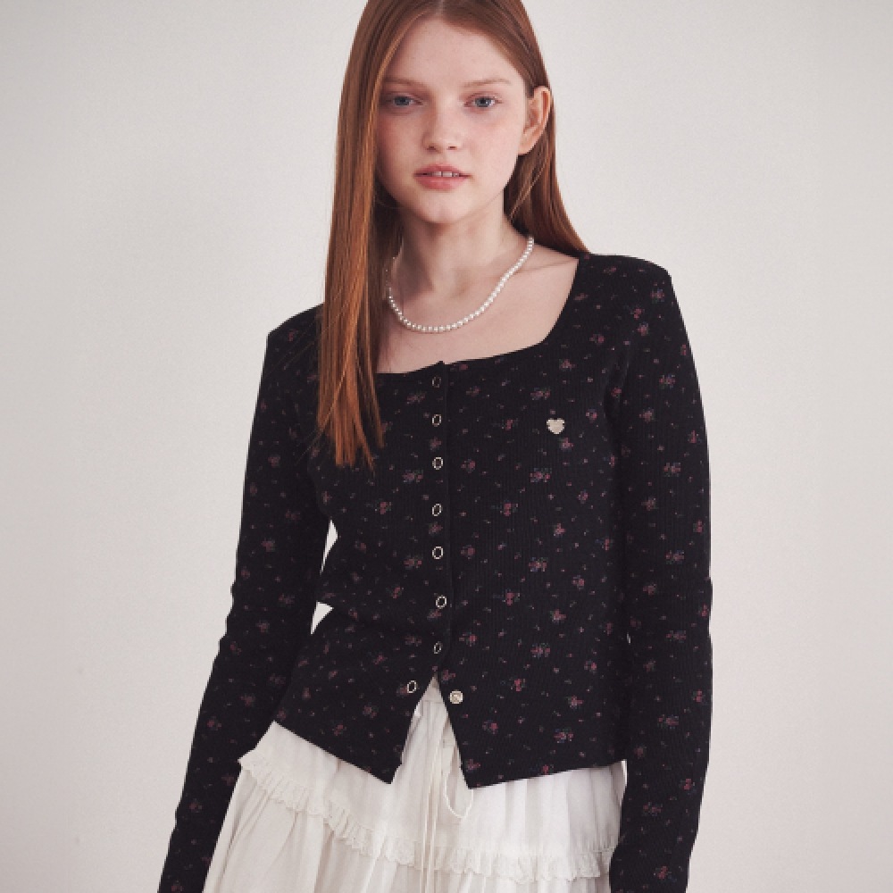 RONRON スクエア花柄スナップワッフルカーディガンブラック