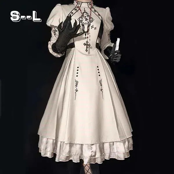 ワンピース ロリータ レディース ゴスロリ ハイウエスト Aライン 暗黒風 ロリィタファッション 長袖 ロリータワンピース コスチューム コスプレ 衣装 洋服 仮装