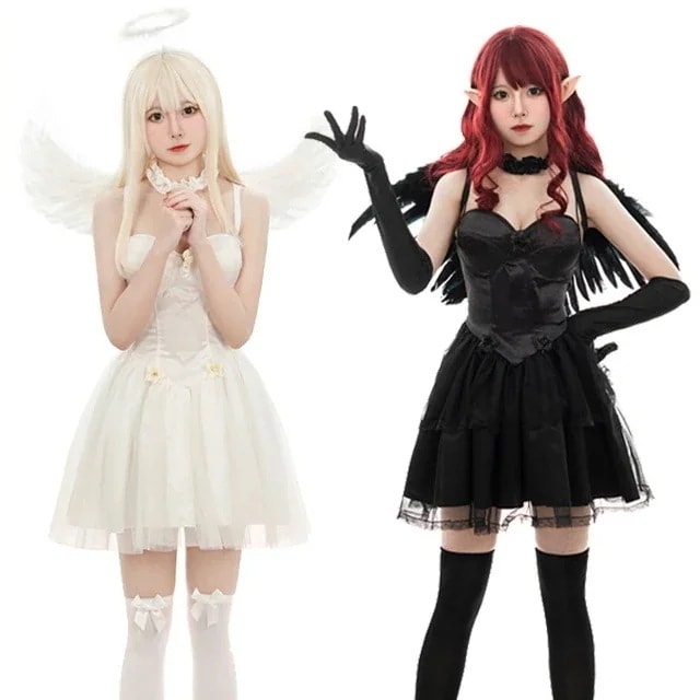 ハロウィン コスプレ 白黒の天使 着痩せ キャラクターコスプレ 黒悪魔 パーティー 仮装舞踏会30%制限