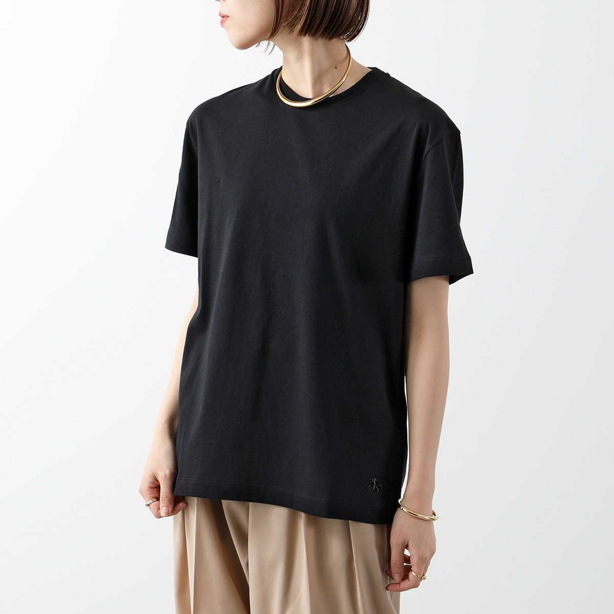 JIL SANDER+ ジルサンダー プラス Tシャツ J40GC0003 J45054 レディース 半袖 カットソー ロゴT 刺繍 カシミヤ混コットン クルーネック 001/BLACK