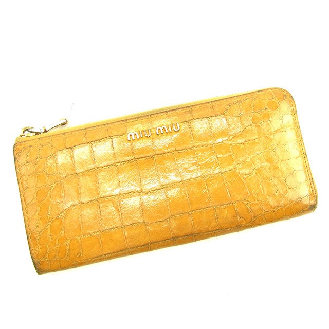 長財布 クロコダイル調 イエロー×ゴールド レディース 中古