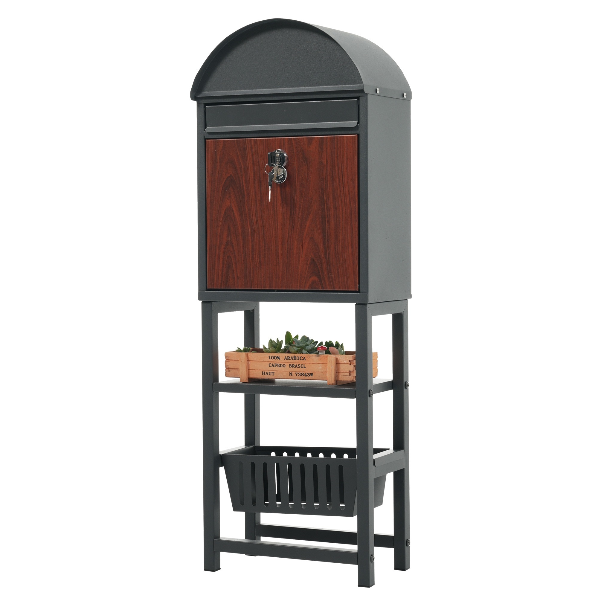 【国内発送,送料無料】置き型 スタンド かご付きポスト鍵付き メ一ル便·A4対応 ポスト 北欧 一戸建て用 スタンドポスト メールボックス A4対応 新聞受け 高級【ダークグレー+木目】