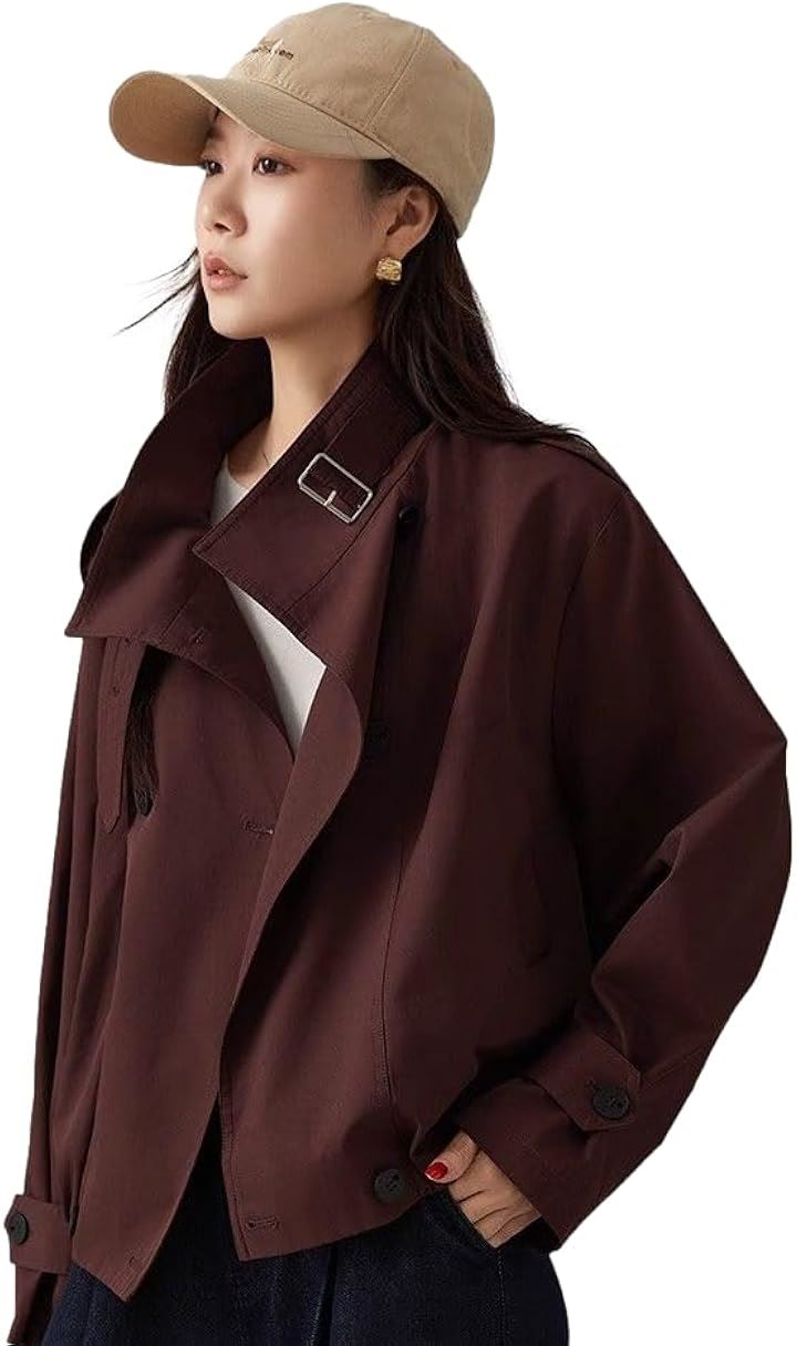 ショートアウター レディース トレンチコート 裏地付き 立ち襟 長袖 裾ゴム エポレット アームベルト ハリ素材 春秋 BB071(レッドブラウン, M)