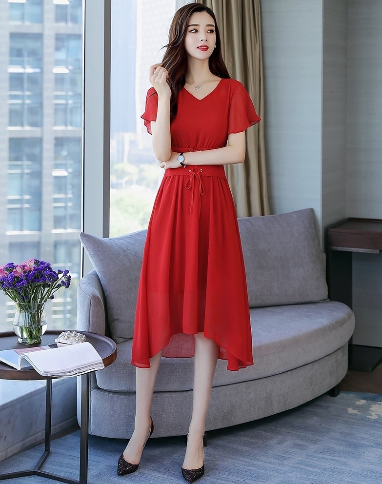 1973.ウエストリボンフレアドレス（レッド）2019 春夏 sale 春夏 sale ワンピース シースルー フリル エレガント お呼ばれ パーティー 結婚式 披露宴 女子会 レストラン デート