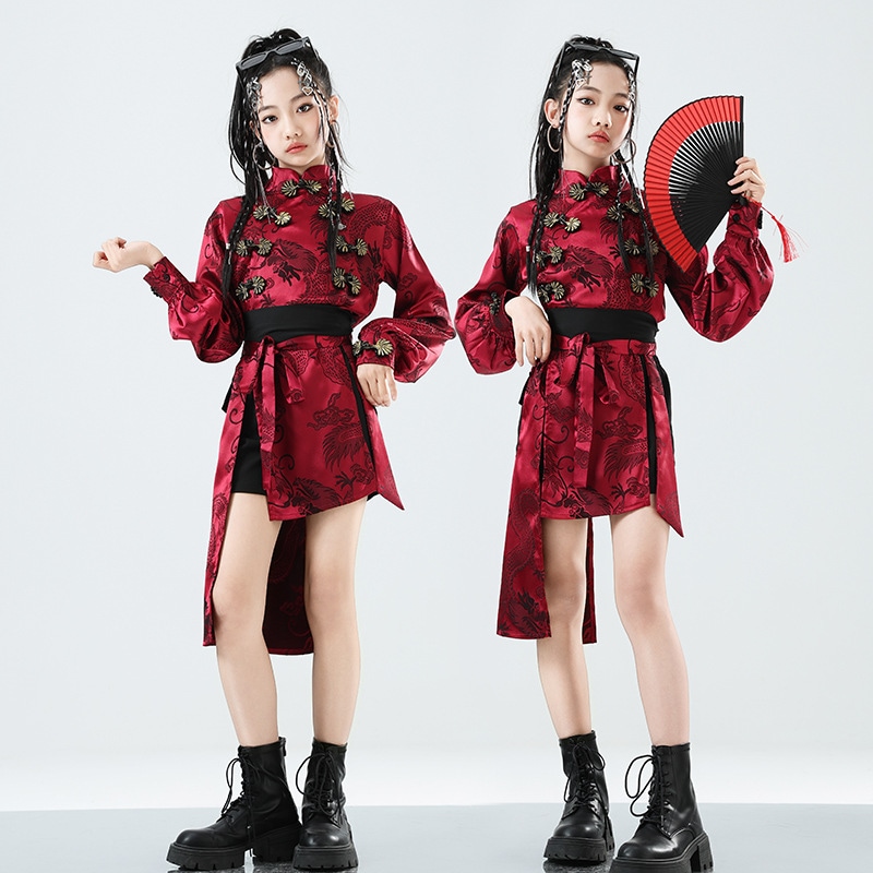 ガールジャズダンスストリートダンスセット中国スタイルドラゴン要素をショートレンディ服ファッショナブルなコーラスチルドレンズチルドレンパフォーマンス服