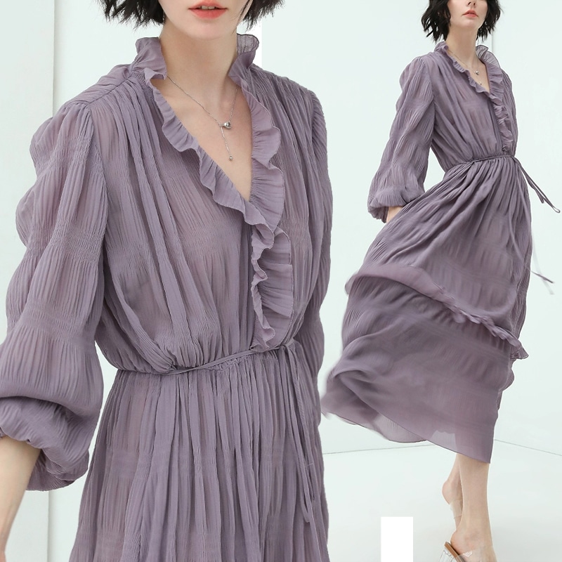 エレガントロングワンピース フリル＆ランタンスリーブ プリーツ マキシ丈 シフォン 無地 レトロ 上品 大人可愛い 20代 30代 40代 結婚式 パーティー用　24648