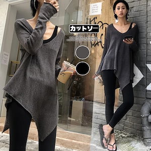大きいVネックの裾の不規則なニットセーターの女性の長袖の秋の怠惰で薄いルーズトップ