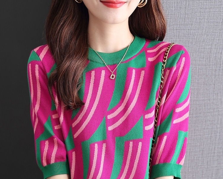 夏 エレガント カジュアル ショート ルース ボトム ニット ウェア スリム プリント スリーブ トップ 女性 M L XL XXL トップス 袖あり かわいい 大人可愛い きれいめ シンプル