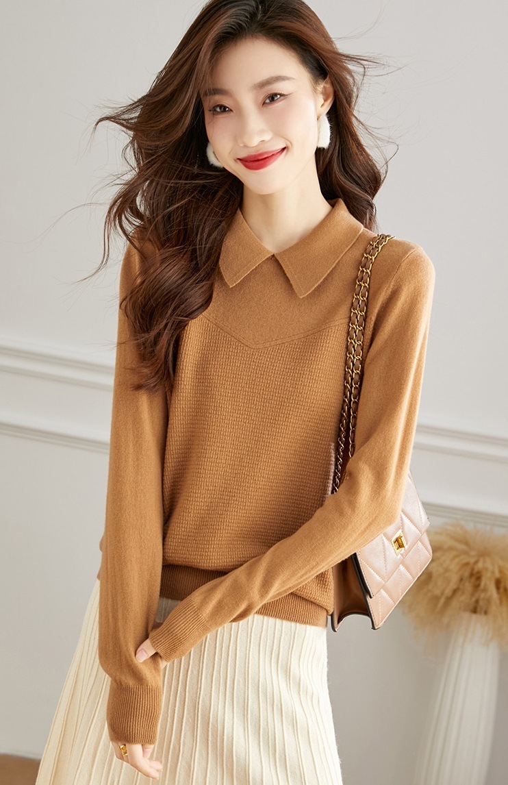 ドールカラー カーディガン レディース 秋 冬 セーター ボトムス付き シャツ スカート セーター ショート ニット トップ キャメル クリーミーホワイト キャラメル M L XL トップス 袖あり