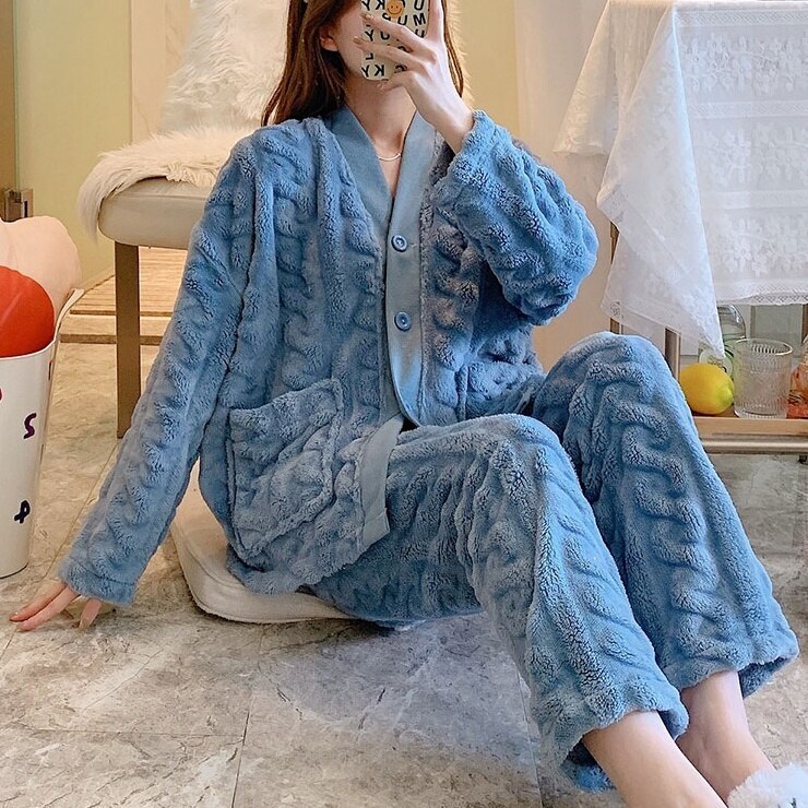 ルームウェア　ナイトウェア　ルームウエア　前開きパジャマ パジャマレディース　もこもこパジャマ 2点セット ゆったり 部屋着 寝間着 ふわふわ　もこもこ　ガーリー　カジュアル　カワイイ おしゃれ　韓国