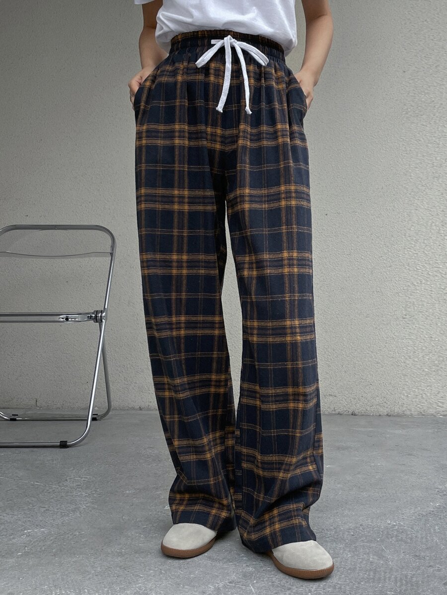 DAZY レディース ドローストリング ウエスト チェック柄 ポケット ストレート ルーズ カジュアルパンツ