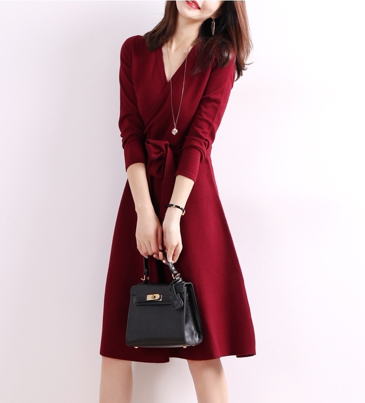 ウエストリボンスカート 長袖ニットワンピース ニットAラインワンピース Vネックニットドレス スカート ワンピース プルオーバー オールインワン ロングスカート ニットスカート 膝下 ミモレ ミモレ丈