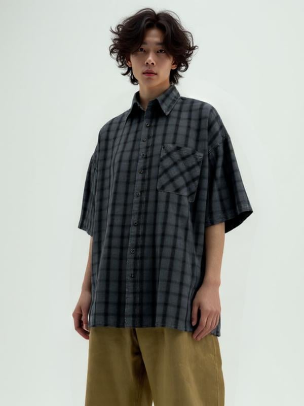 イエローピグメントチェック半袖シャツ チャコール
