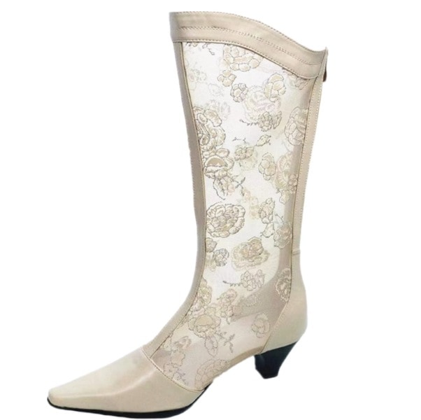 ブーツ レディースシューズ レディースブーツ ミドルブーツ 5cmヒール ポインテッドトゥ レース 刺繍 美脚 脚長 ジップ 合皮 異素材MIX かわいい 大人可愛い きれいめ シンプル