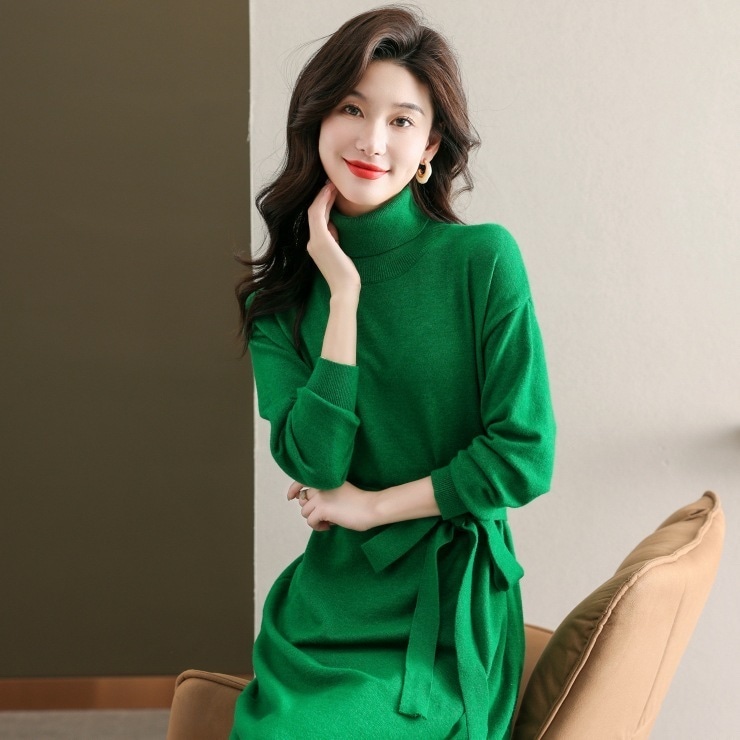 ワンピース カットソー ニットソー ニット ミモレ ミモレ丈 袖あり 長袖 ハイネック タートルネック スリム タイト ウエストリボン かわいい きれいめ シンプル カジュアル 大人 上品 おしゃれ