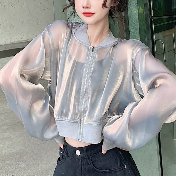 シースルージャケット レディース シースルー ルーズ スタンドカラー スモール ラグランスリーブ