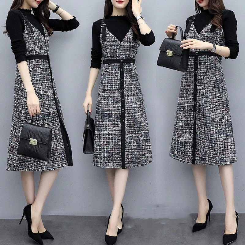 セットアップ ワンピース レディース ニット セーター 2点セット 長袖 膝丈 Aライン Vネック