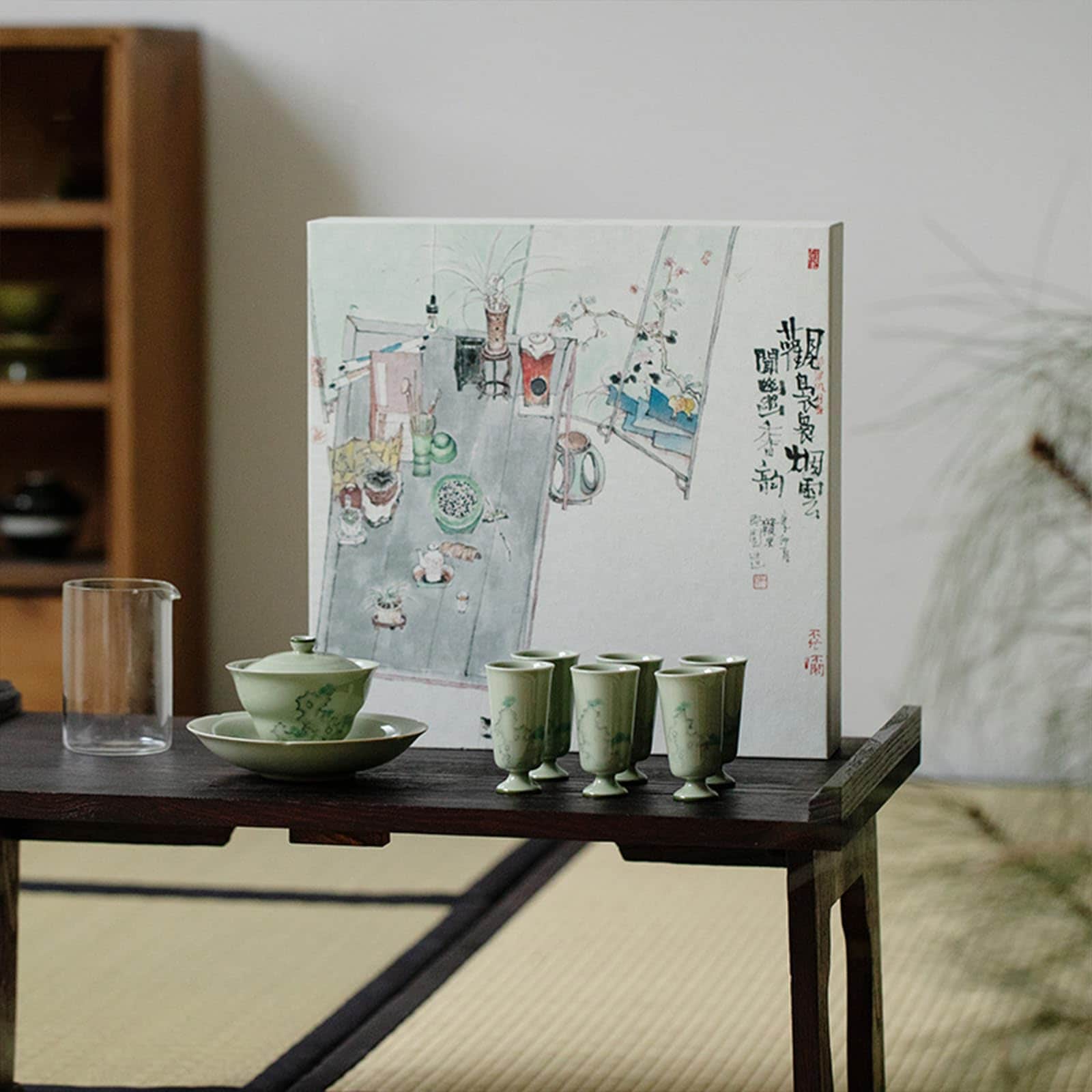 中国茶器セット 蓋付茶碗*1+品茗杯*6+茶盤*1+透明カップ*1 太湖石の模様 手描き シアン 釉下彩 ティーカップ セラミックス 陶器 ギフトボックス包装