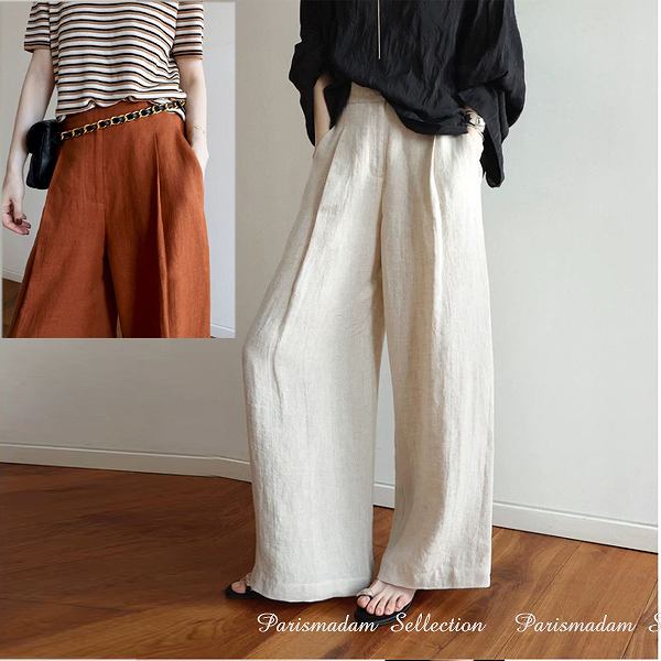 即日発送麻ワンドパンツ　リネンタックフレアパンツ　ゆったりデザイン　バギーパンツ　ブラックオレンジオフホワイトほっそり効果お出かけ女子会