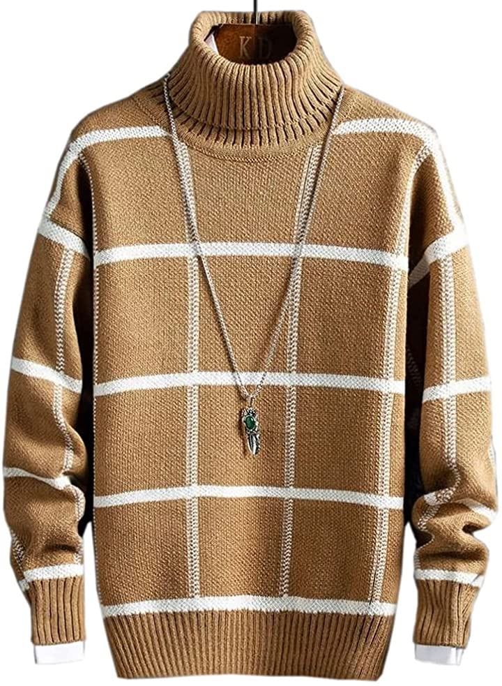 アスペルシオ タートルネック チェック柄 ニットセーター 長袖 トップス メンズ ブラウン(ビスケッ