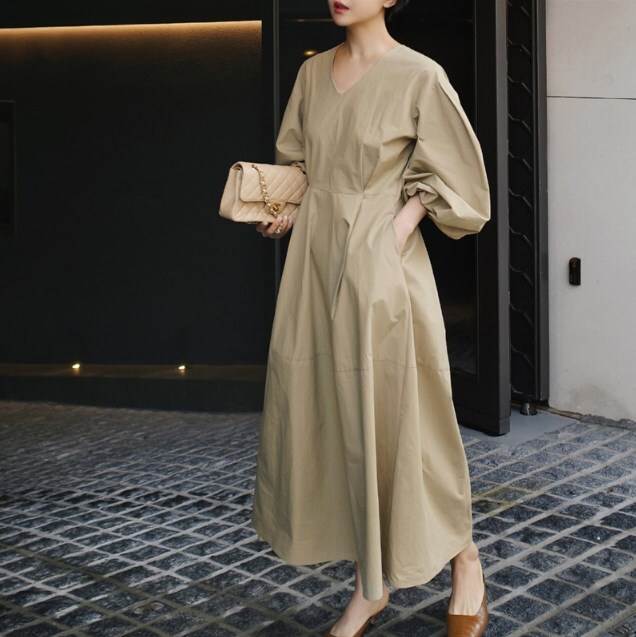 ワンピース ミモレ丈ワンピース 袖付き 長袖 ボリューム袖 Vネック ウエストマーク ワイド フレア