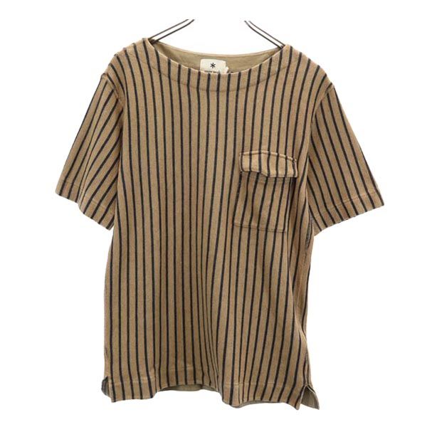 日本製 ストライプ柄 半袖 ボートネック Tシャツ M ブラウン×ブラック カットソー メンズ