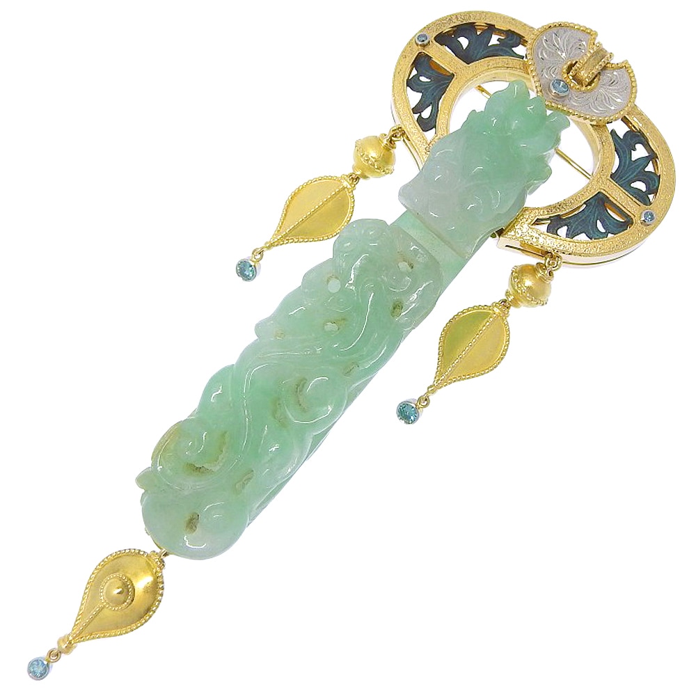 NOBUKO ISHIKAWA 石川暢子 ブローチ K18イエローゴールド ヒスイ Pt900プラチナ S0.33 D0.40 約75.7g レディース 中古品