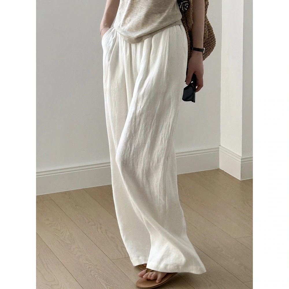 2025 夏 ワイドパンツ ゆったり ウエストゴム リネンパンツ カジュアルパンツ 新作 薄手 垂れ感 ロングパンツ レディース