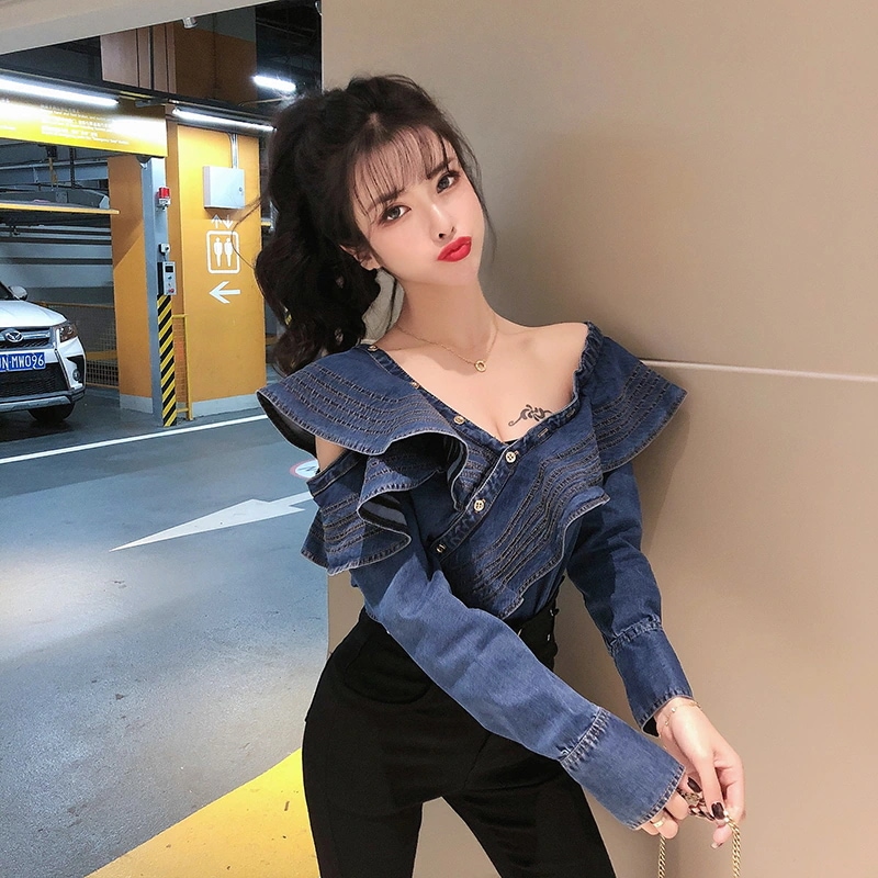 トップス カットソー 袖あり 長袖 ワンショルダー ワンショル 襟なし フリル デニム ブルーデニム かわいい 大人可愛い きれいめ シンプル 大人 おしゃれ お洒落 大人可愛い 大人女子 こなれ感