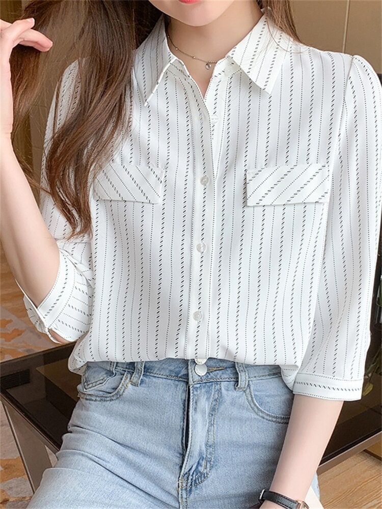 シャツ ブラウス レディース ５分袖 襟付き かちっと感 おしゃれ かわいい 大人可愛い きれいめ シンプル 上品 フォーマル ストライプ 春 夏 秋 オフィス ビジネス ホワイト ブルー トップス