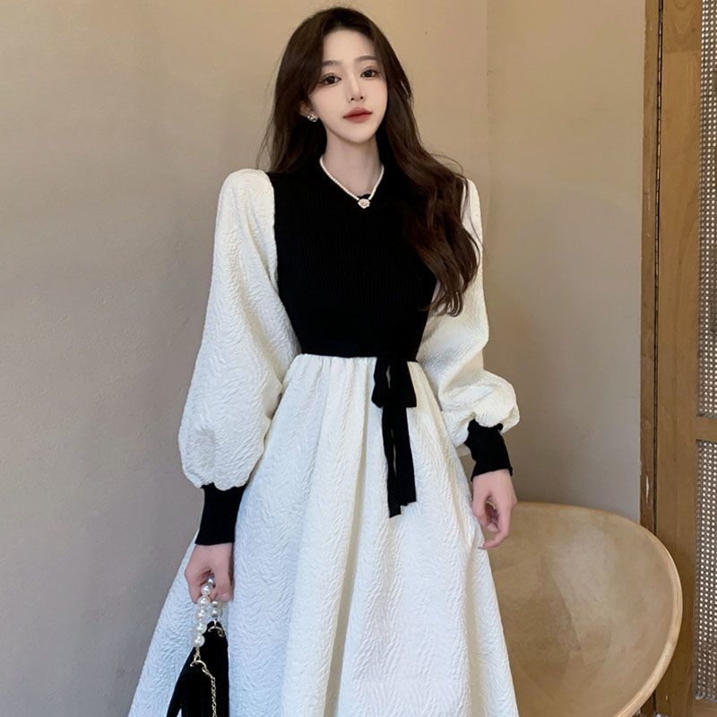 大きいサイズ秋太り気質スリムニットステッチフェイクツーピースパフスリーブワンピース 4,704円