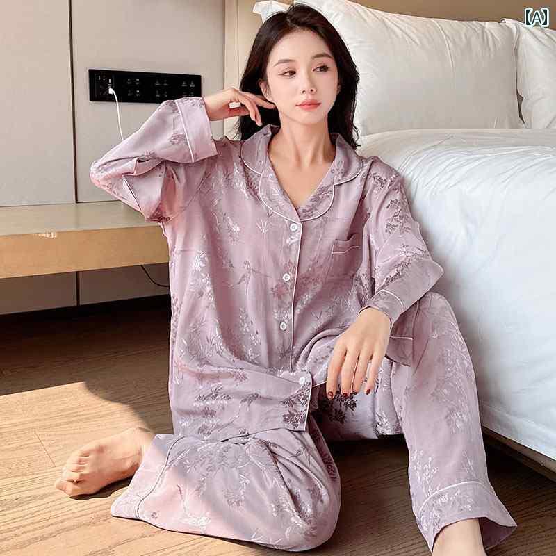 パジャマ　レディース　上下 大きいサイズ 冷感 パジャマ 女性用 200ポンド 太った mm 春秋 長袖 カーディガン ホーム 服 サテン ツーピース セット プラス 大きめ サイズ