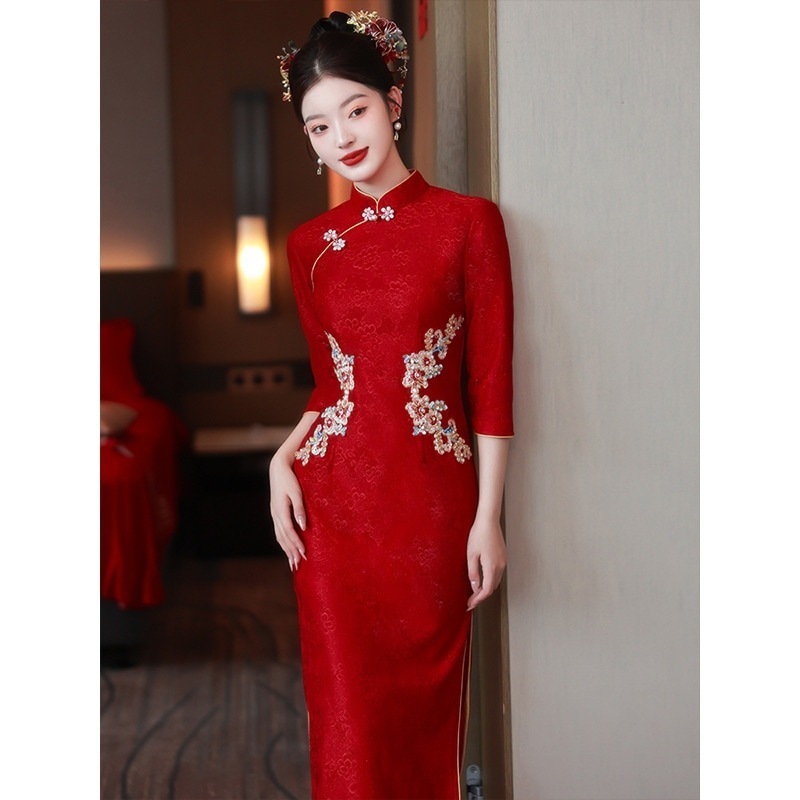 ワンピースドレスドレス新しいの赤いチョンサム服花嫁結婚式の日シンなバインディングウェディングドレスフォールハイエンドビーズ刺繍