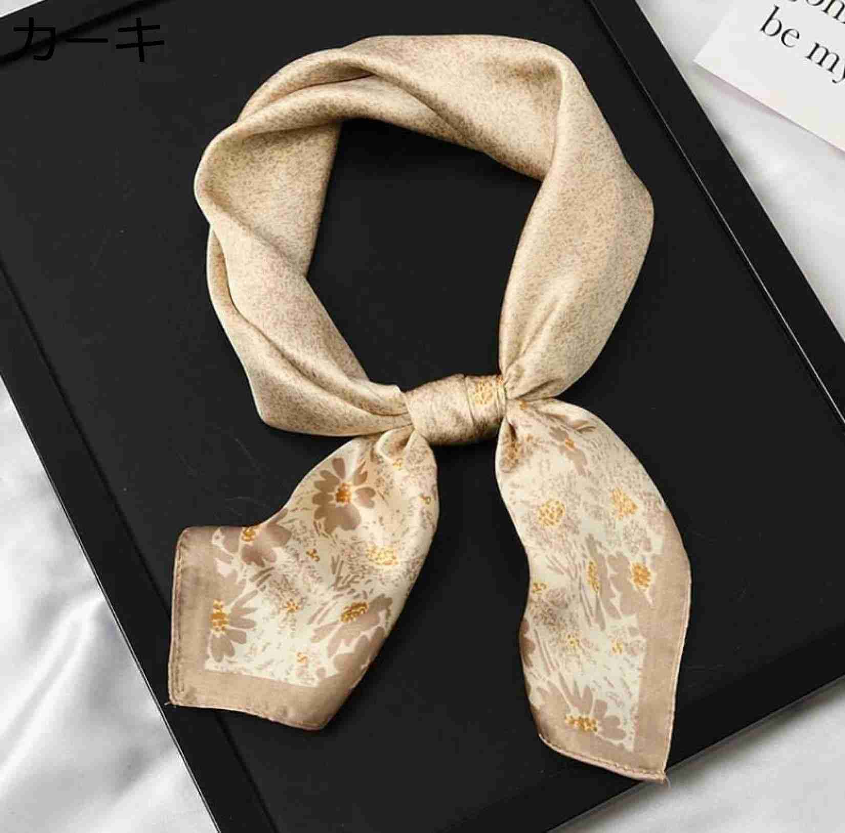 【20%OFFクーポン～】70cmカーキフラワースクエアスカーフラップヒジャブ女性ヘアバンドバッグリストヘッドカチ女性サテンショール スカーフ