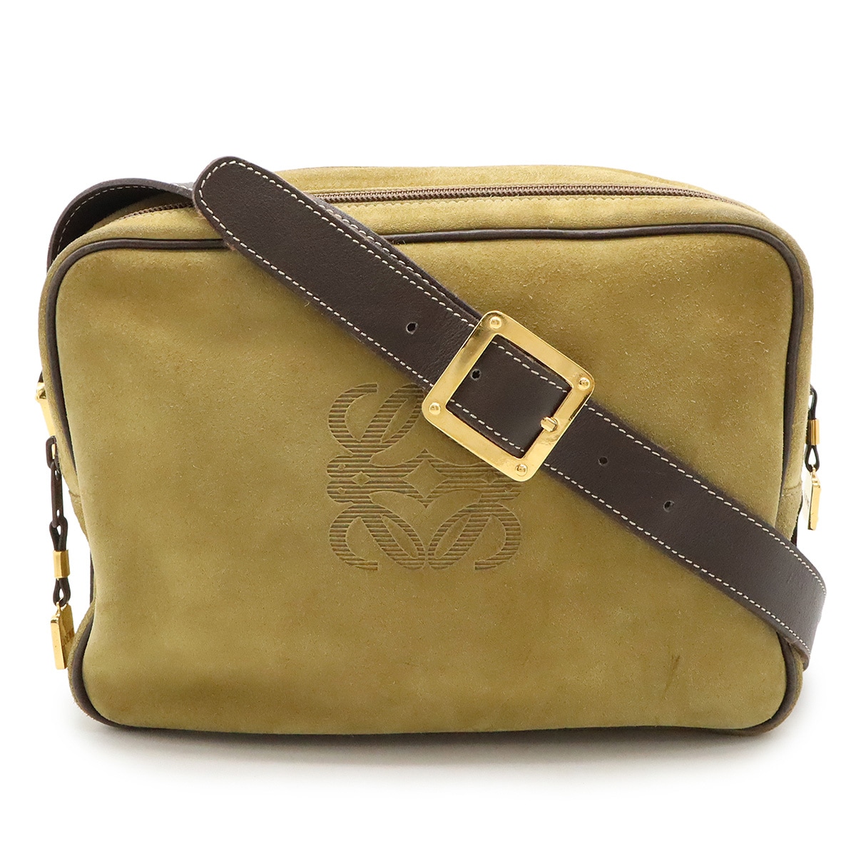 ヴィンテージアナグラム ショルダーバッグ 斜め掛け スエード レザー ライトカーキ系 ダークブラウン ゴールド金