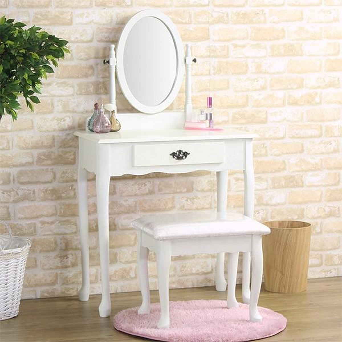ドレッサー スツール付 アンティーク調 姫系 幅71.5cm 鏡台 化粧台 メイクボックス メイク台 引き出し 鏡 ミラー 収納 椅子付き 一面 オーバル コンパクト 化粧 デスク 白家具