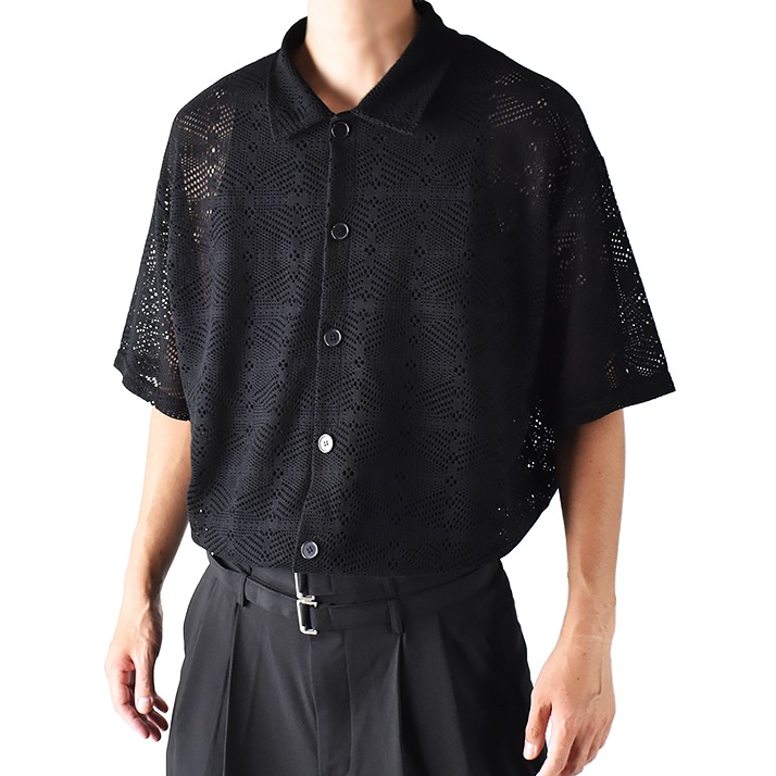 レースシャツ 半袖シャツ オーバーサイズシャツ シャツ メンズシャツ メンズ モード系 きれいめ レース 生地 おしゃれ ゆったり カジュアル 大きいサイズ 派手 キレイめ 着丈65 ビッグシルエット