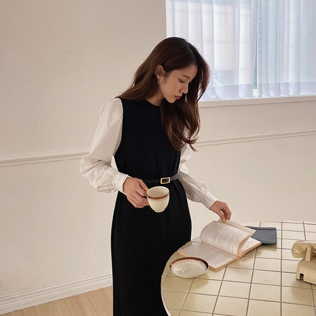 ジョエン バイカラーベルト付きワンピース