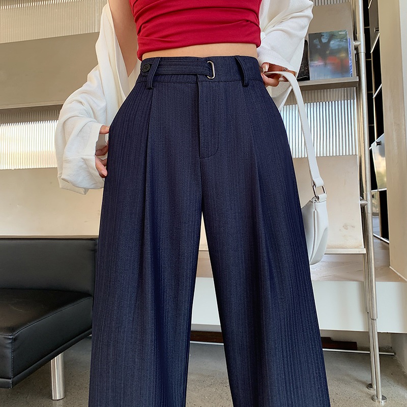 女性用テンセル縦柄ジーンズ2024年春夏スリムストレートハイウエストドレープアイスシルクフロアモッピングワイドレッグパンツ