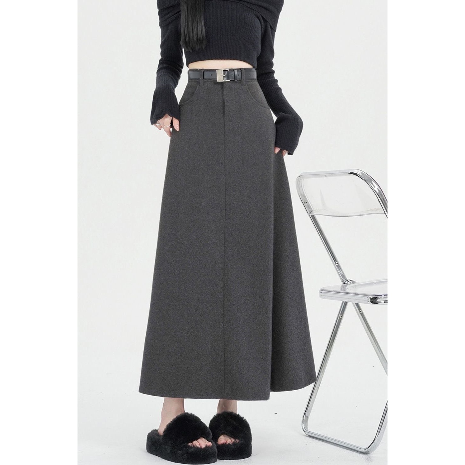 【送.料.無.料.急速発送】【新作】グレーのツイードのハイウエストで股間を隠して細く垂れ感を出すロングスカート