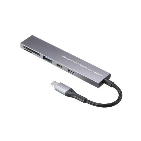 （まとめ） サンワサプライ USB 5Gbps 3ポート スリム ハブ（カードリーダー付き/Type-C接続） USB-3TCHC22MS 1個 [x2セット]