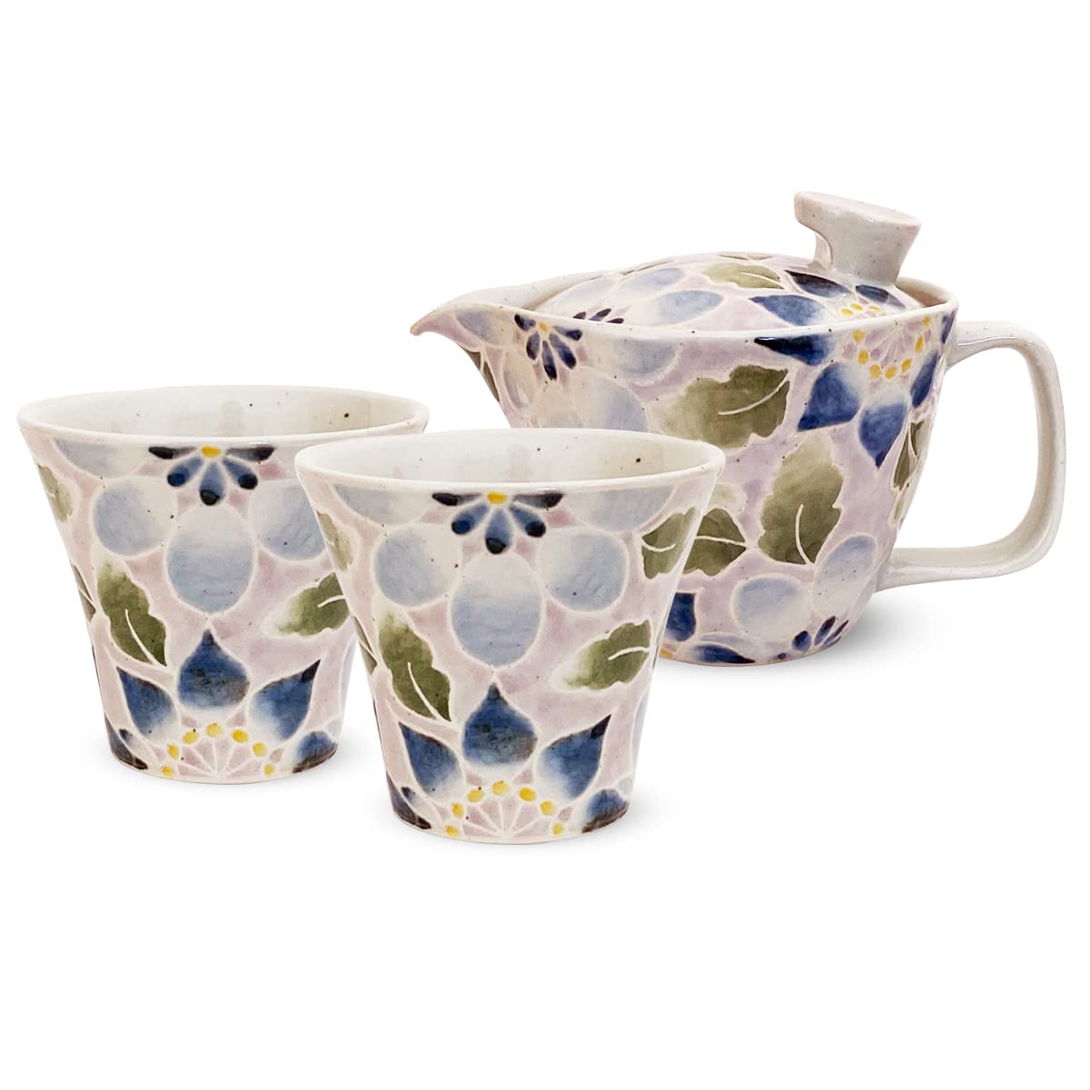 ジェイキッチンズ 勲山窯 総手描き 急須セット 波佐見焼 日本製 (急須 ペア湯呑み 茶器 セット) 240ml 140ml 1人用 ~ 2人用 茶こし付き ストロベリー フラワー パープル S