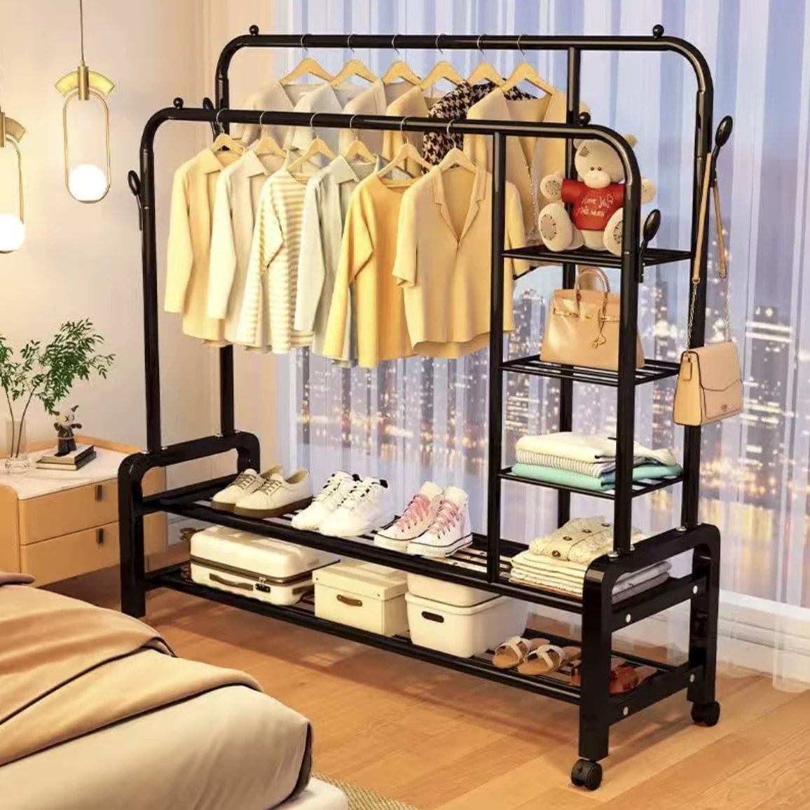 ハンガーラック パイプハンガー さびにくい かんたん組み立て ダブルタイプ ガーメント ラック 自立型 ハンガー 多機能 衣類 ダブル ハンガー ラック 車輪付き 簡易物干しラック 物干しスタンド 洗