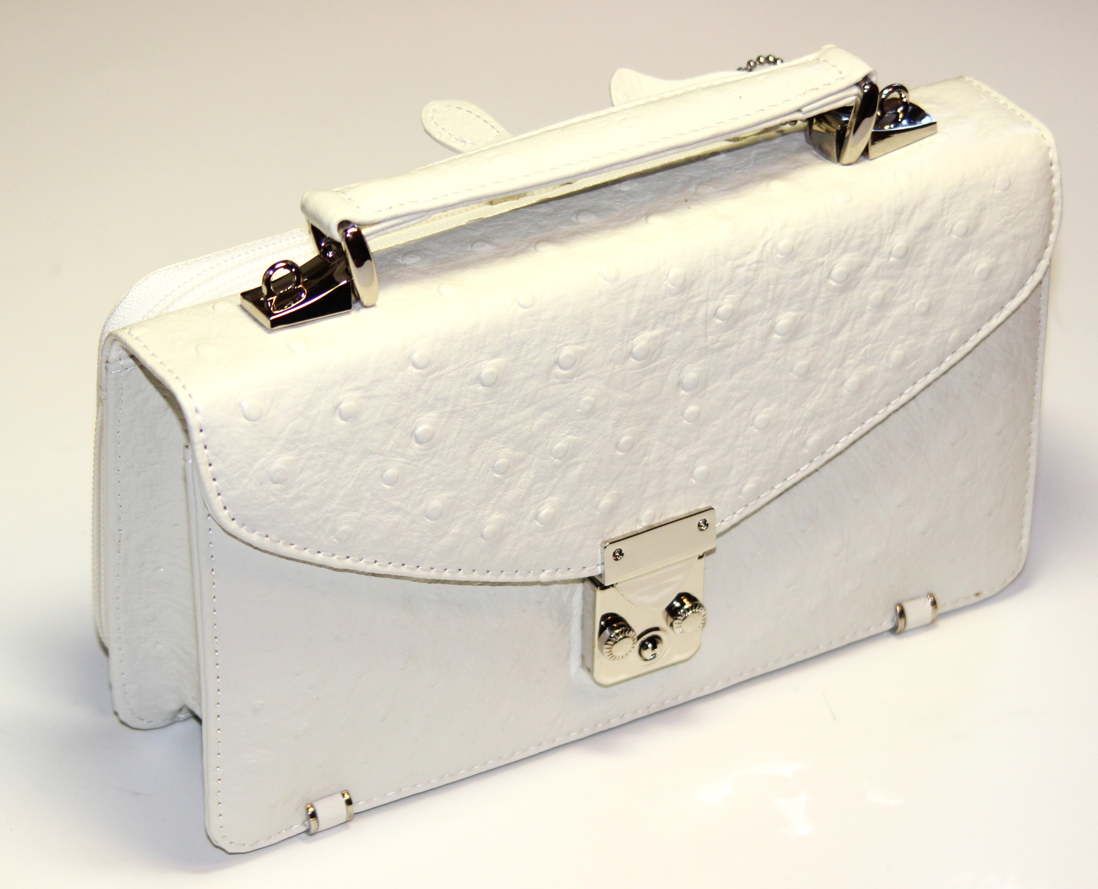 【新規OPEN】【期間限定セール】【激安】【新品未使用】牛革オーストリッチ型押し　背面財布機能付き　男女兼用　ミニセカンドバッグ　UHP-2114　白