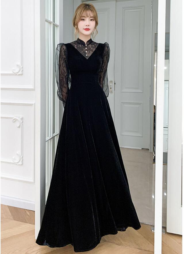 イブニングドレス 黒 ベロア ベルベット パーティードレス 秋冬 黒ドレス お呼ばれドレス 結婚式 オケージョンドレス フォーマルドレス 同窓会 成人式 ドレス かっこいい 二次会 ドレス 演奏会ロン